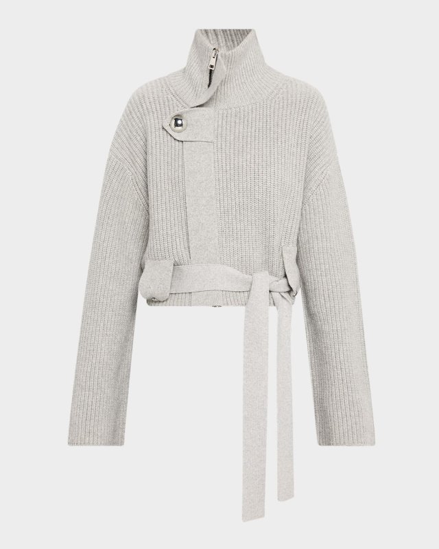 Neal Zip-Front Cashmere Sweater with Tie Belt